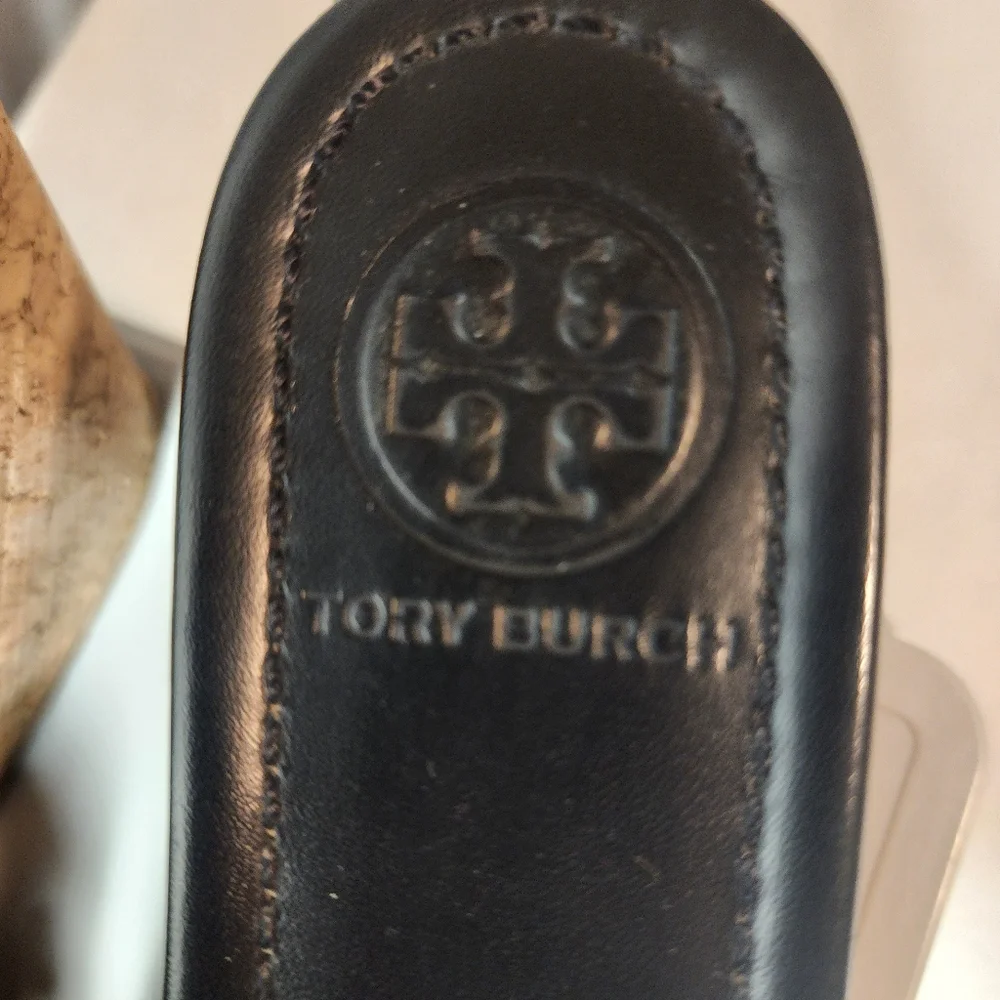 Tory Burch Black and Gold Wedge Sandals - Picture 4 of 6